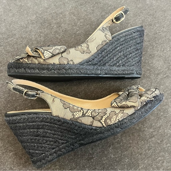 Valentino Black/Beige Lace Slingback Wedge With Bow Espadrille Sandals - Picture 6 of 9